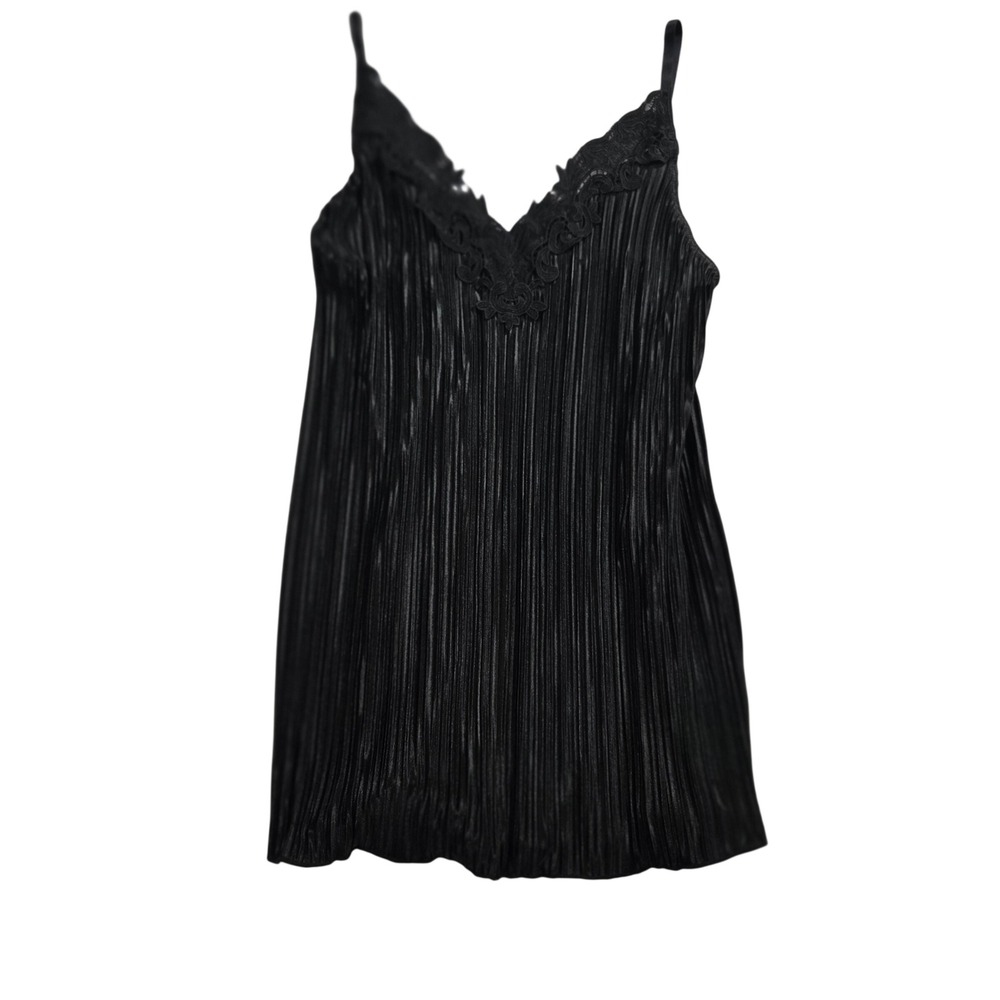 The ZigZag Stripe Black Pleated Satin Cami Lace Trim Top Size M Y2K